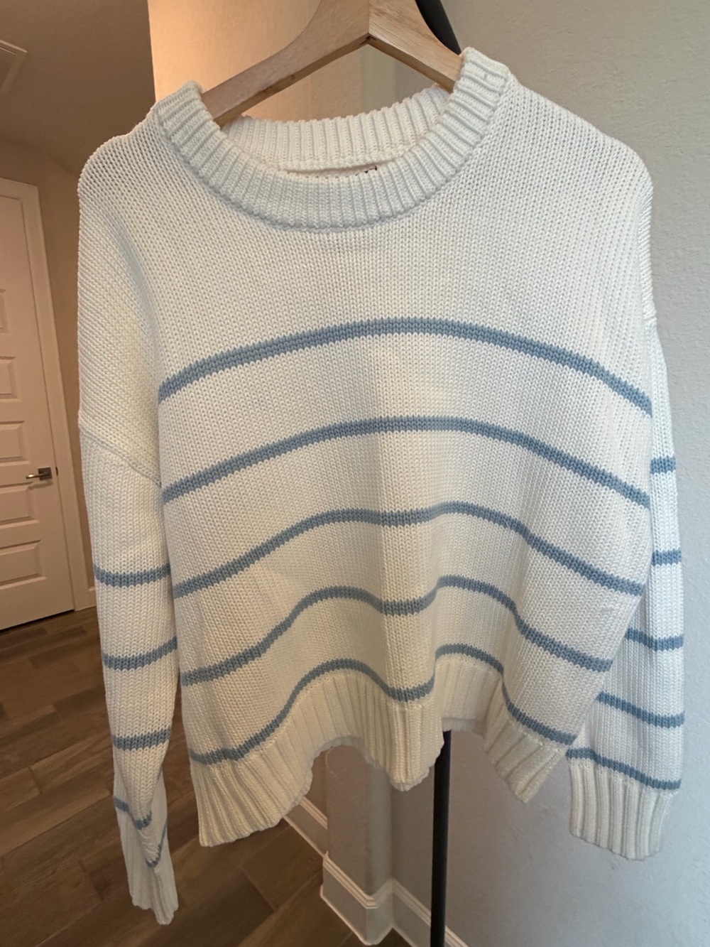 Quince 100% Cotton Ivory Cream Sweater with Light Sky Blue Stripes M